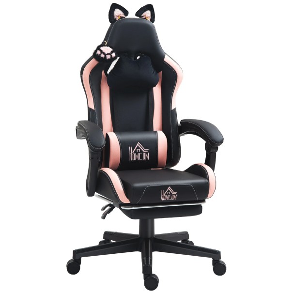 Gamingstuhl Verstellbar mit Fußstütze und Katzenohren Drehbar Höhenverstellbar Aus Synthetischem Leder Mit Kopf- und Lendenstütze Für Gamer schwarz