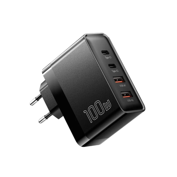 GaN 100W hurtigoplader med 4 porte 2x USB C og 2x USB A PD QC 4.0 3.0 rejsestrømadapter med EU-stik til flere enheder sort