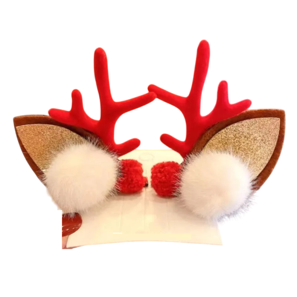 Ganchos de cabelo de Natal com chifres de rena e orelhas douradas e duas bolinhas vermelho