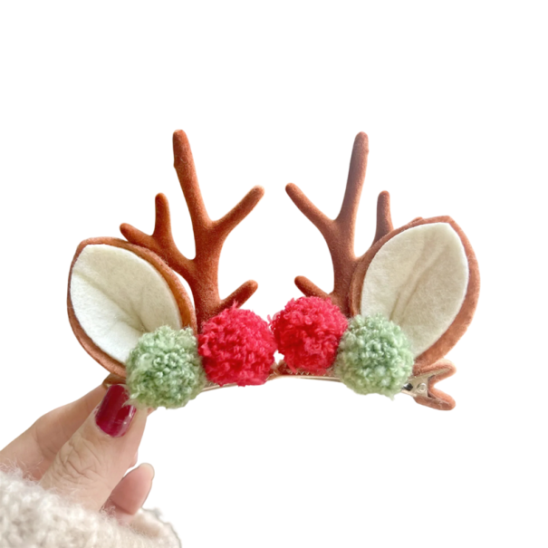 Ganchos de cabelo de Natal com chifres de rena, orelhas e pompons em verde e vermelho - Acessório original para penteado de Natal castanho