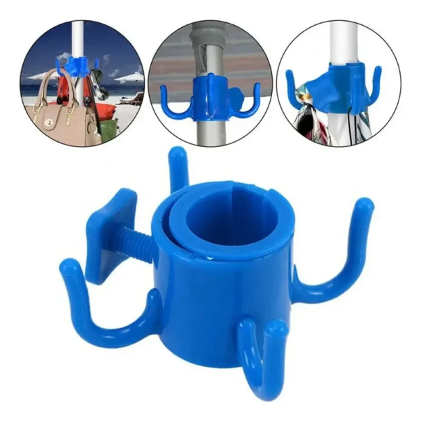 Ganchos de suspensão azuis de 4 braços em plástico ABS para varão de guarda-sol de 25–37 mm Ganchos para toalhas, sacos, acessórios de praia 1