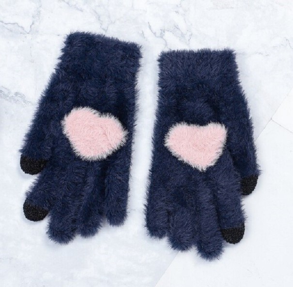Gants d'hiver pour femmes avec un cœur bleu foncé