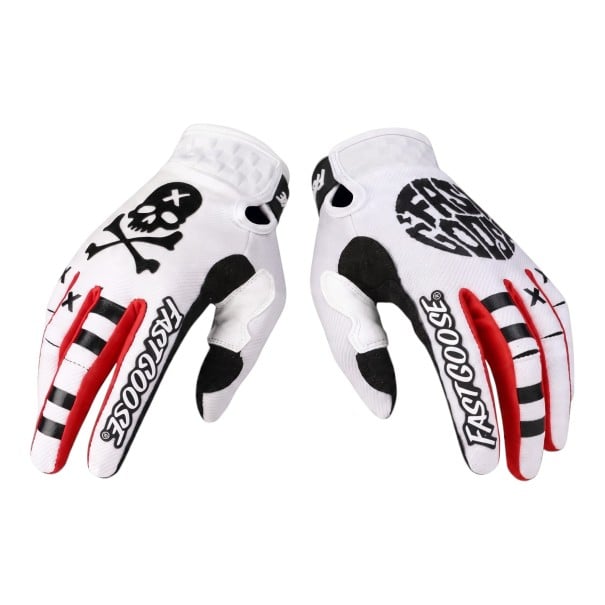 Gants de motocross et de vélo à doigts complets avec une tête de mort sur un gant et un motif circulaire sur l'autre gant et des bandes blanc M