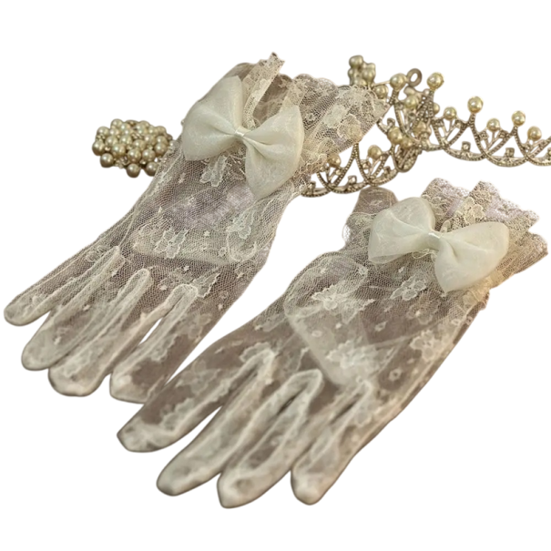 Gants en dentelle pour femmes à doigts complets avec nœud, courts, froncés, en polyester respirant, gants blancs pour occasions formelles et festives 1