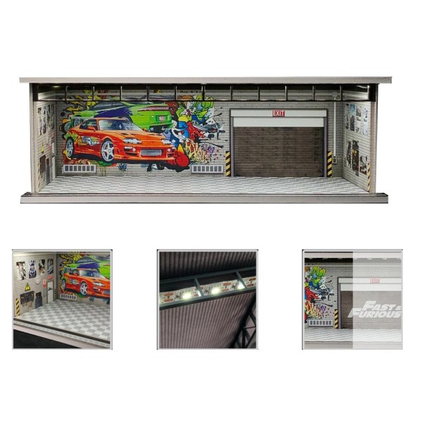 Garage de tuning de rue 30 x 13,3 x 10 cm avec peinture graffiti de voiture 1:64 Diorama de service scène modèle en PVC pour modèles réduits 1