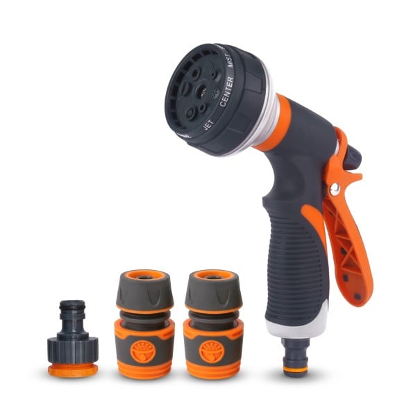 Garden Hose Gun Set of 4 with Quick Connectors and Adapter 8 Spray Modes 19 x 15 cm TPR Orange-Grey Lawn Watering 1