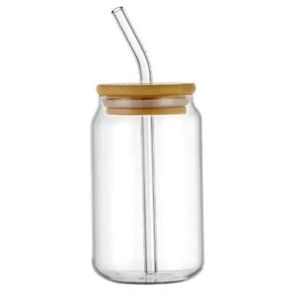 Garrafa de vidro transparente 350 ml com palhinha de vidro e tampa de bambu 12,3 x 6 cm Garrafa ecológica para bebidas frias 1