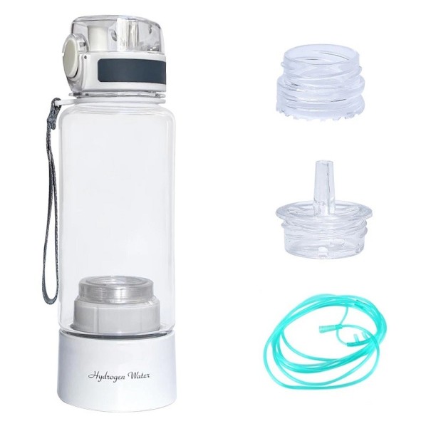 Garrafa desportiva de água com alto teor de hidrogénio 3000 ppb Ionizador portátil com modo de auto-limpeza 380 ml Garrafa de vidro de água rica em hidrogénio com pega 23 x 7 cm branco