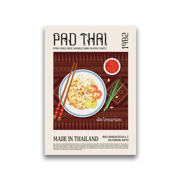 Gastronomisk plakat 30 x 40 cm Pad Thai Verdenskøkken Billede med mad Tryk på lærred Uden ramme Dekoration til køkken Restaurant 1