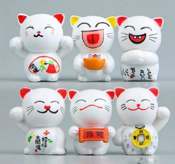 Gato de la suerte en miniatura decorativo, 6 uds. blanco
