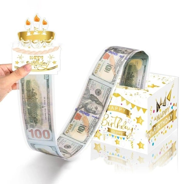 Gaveæske til penge med udtrækkeligt overraskelse, mål 13 × 13 × 11 cm + kagedekoration 10 cm, til sedler og hilsner hvid