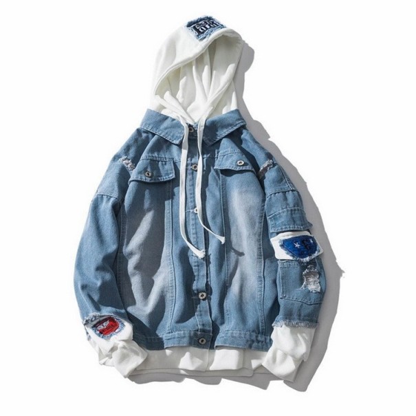 Geacă bărbătească din denim cu glugă A1489 albastru deschis M