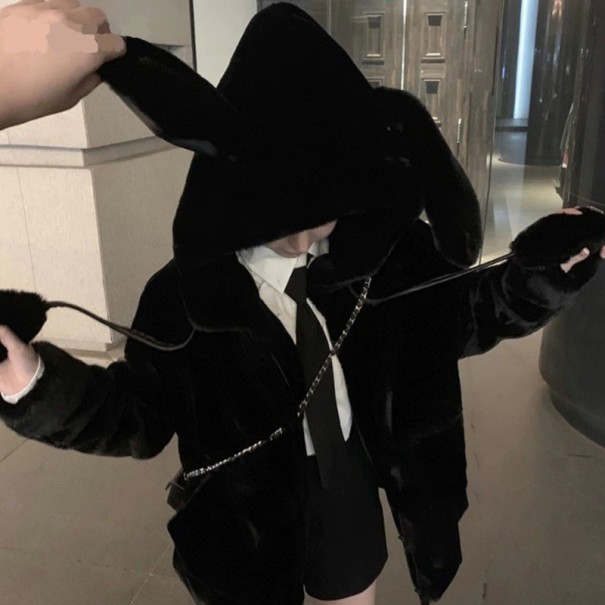 Geaca de dama blana cu urechi P1740 negru L