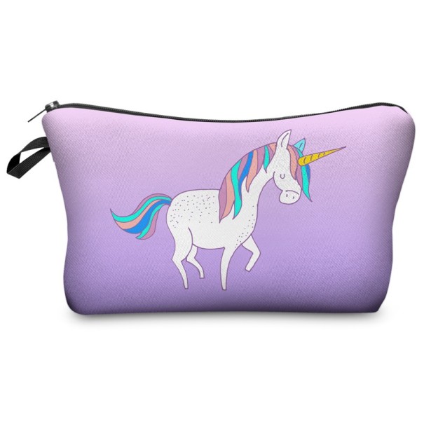 Geantă cosmetică violet cu imprimeu unicorn 1