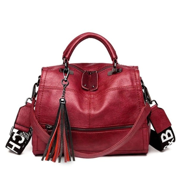Geantă de damă de mână și pe umăr din piele PU 26 x 21 x 14 cm Curea lată cu imprimeu Mânere superioare Ciucure decorativ Buzunar burgundy