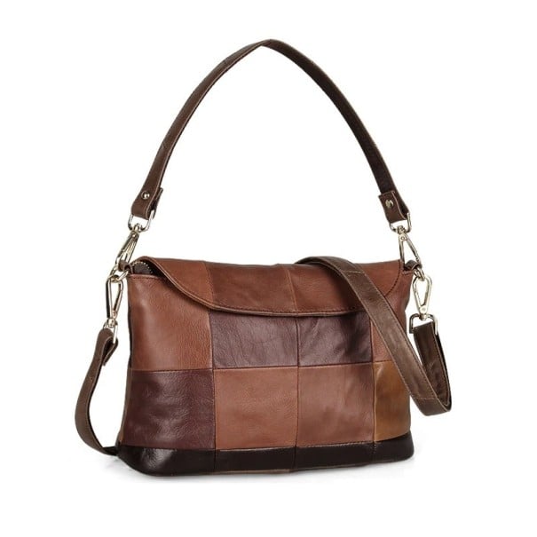 Geantă de damă din piele naturală Patchwork în nuanțe de maro Ușă scurtă și curea lungă pentru umăr Clapă Buzunar din spate cu fermoar 29 x 19 x 11 cm 1