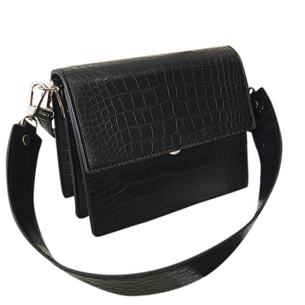Geantă de damă neagră crossbody cu clapă Model reliefat de piele de șarpe Curea lată detașabilă pe umăr Carabiniere aurii 19 x 15 x 10 cm 1