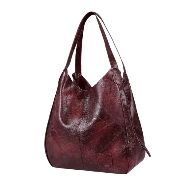 Geantă de damă pentru umăr din piele artificială Geantă hobo moale cu două mânere Aspect vintage cu patină și cusături decorative 33 x 32 burgundia