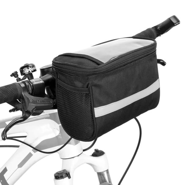 Geantă de ghidon pentru bicicletă 23 × 13,6 × 16,5 cm Buzunar pentru telefon mobil cu ecran tactil Bandă reflectorizantă Plase laterale Material 1
