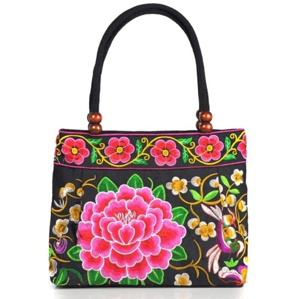 Geantă de mână pentru femei 31 x 23 x 10,5 cm Broderie florală colorată Stil etnic Două mânere rotunde cu mărgele Formă rectangulară roz închis 1