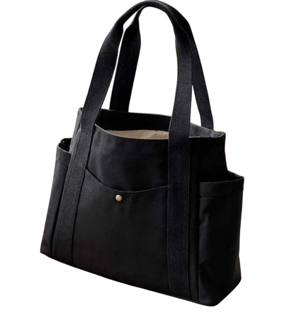 Geantă de umăr mare din pânză cu buzunare Geantă elegantă de cumpărături și lucru Pentru laptopuri de până la 15,6&#39;&#39; Geantă de umăr din pânză negru