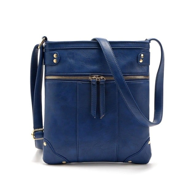 Geantă de umăr pentru femei cu buzunar frontal cu fermoar Formă dreptunghiulară plată Curea ajustabilă Ținte metalice Piele PU 23 x 26 albastru inchis