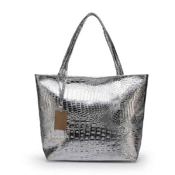 Geantă de umăr pentru femei Stil shopper Piele artificială lucioasă cu model de crocodil 31 x 31 x 10 cm Mâner lung Geantă spațioasă argint