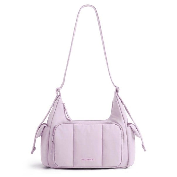 Geantă din nylon cu umăr, cu umplutură, geantă crossbody de mari dimensiuni cu buzunare cu fermoar Dimensiuni 21 x 16 x 7 cm Geantă violet deschis