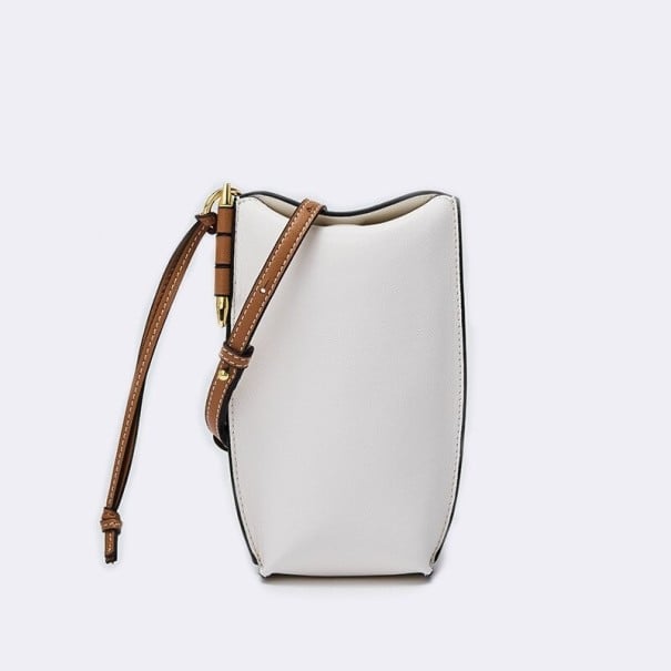 Geantă mini pentru femei, tip poșetă, 20 x 9 x 4 cm, din piele naturală, formă verticală subțire, curea maro cu noduri, detalii alb
