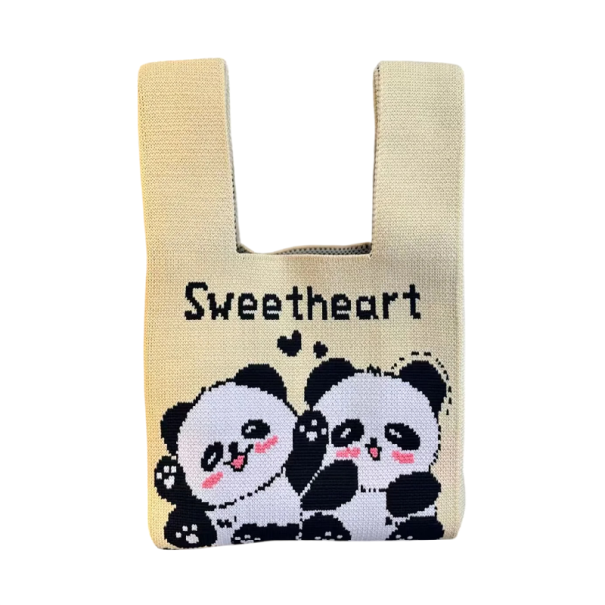 Geantă tricotată pentru femei cu motiv de panda 20x35 cm poliester cu căptușeală din bumbac bej geantă pentru utilizare zilnică 1
