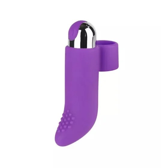 Gebogene vibrierende Fingerhülle in Zungenform mit Einkerbungen, 10 Vibrationsmodi, Fingerschlaufe und vibrierendes Ei, 8,5 cm, diskrete Verpackung lila