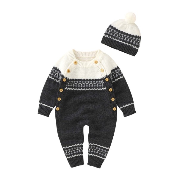 Gebreide jumpsuit voor baby's met muts T2709 donkergrijs 3-6 maanden