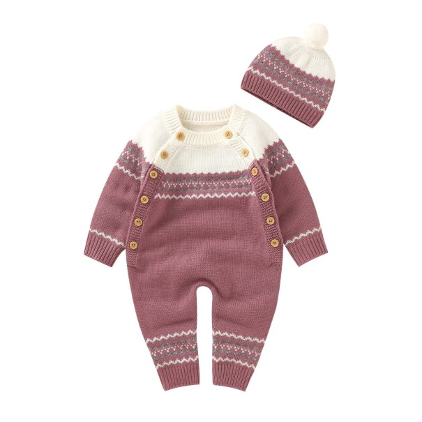 Gebreide jumpsuit voor baby's met muts T2709 oudroze 6-12 maanden