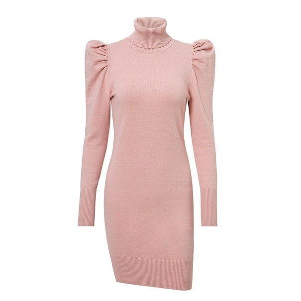 Gebreide mini-jurk met coltrui roze S