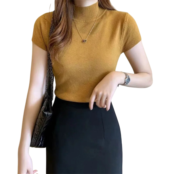 Gebreide top voor dames met korte mouwen Elegante getailleerde snit Zacht materiaal Hoge opstaande kraag Geschikt voor werk en vrije tijd geel