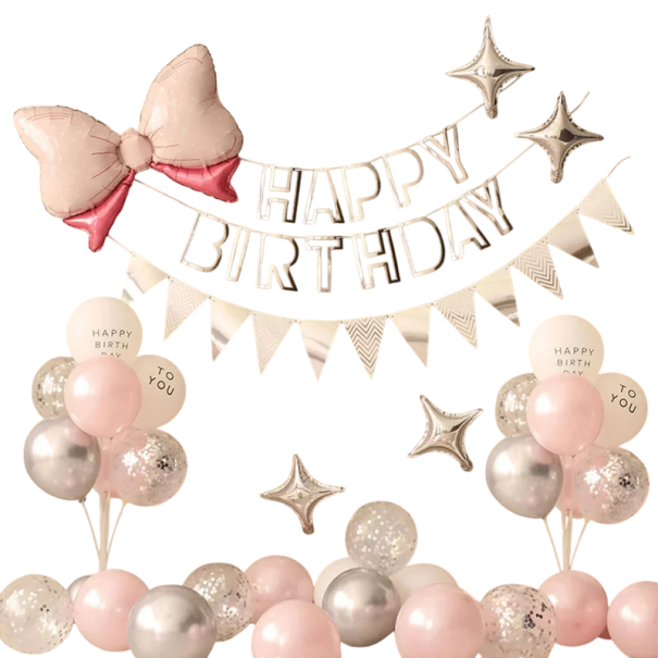 Geburtstagsdekoration Girlande und Ballons Happy Birthday 36 Stück Latex- und Folienballons rosa weiß silberne Partydekoration 1