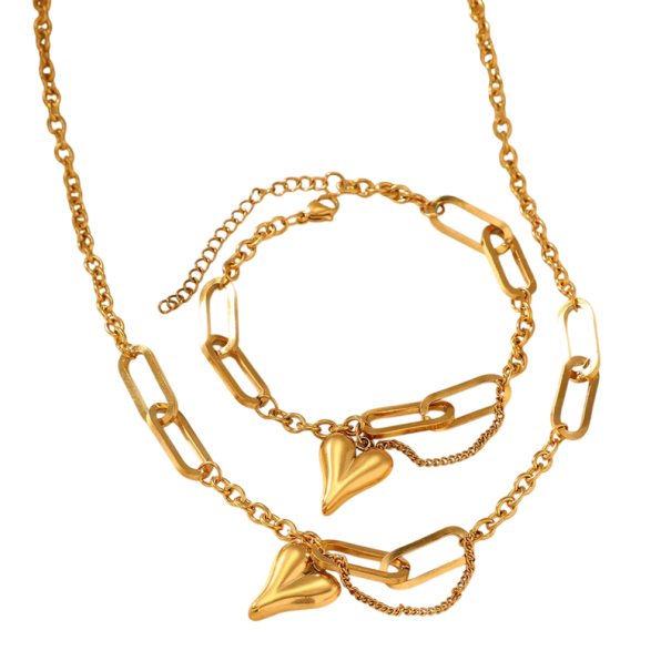 Gecoördineerde armband 19+5 cm en ketting 48+5 cm van roestvrij staal Retro hart onregelmatige schakel Dames sieradenset luxe goud