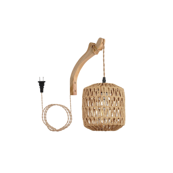 Geflochtene Wandleuchte mit Hängeleuchte Holzkonsole 21 x 17 x 25 cm E27 Fassung 60 W Holz Naturfarbe für Wohnzimmer und Schlafzimmer