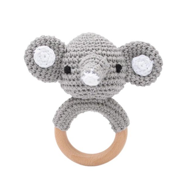 Gehaakt baby rammelaar met houten ring om vast te houden, olifant, ideaal voor de ontwikkeling van motoriek en gehoor 1