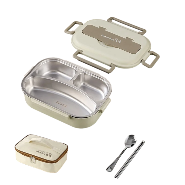 Geïsoleerde lunchbox van roestvrij staal, 1000 ml, 3 compartimenten, draagbaar, met tas, lepel, eetstokjes, lunchthermometer voor school en werk Beige