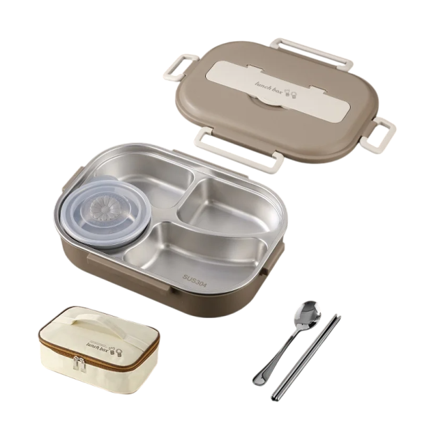 Geïsoleerde lunchbox van roestvrij staal, 1500 ml, 4 compartimenten, met tas, soepkom, lepel, eetstokjes, draagbare thermoskan voor school en werk bruin