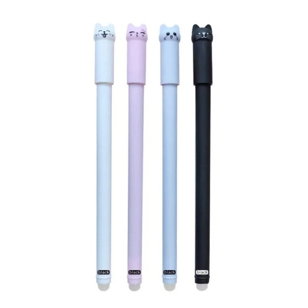 Gel Pen with Cat Motif 4 pcs 0.5 mm Magic Black Ink Erasable Refill Washable Grip Creative Writing Supplies for School 1