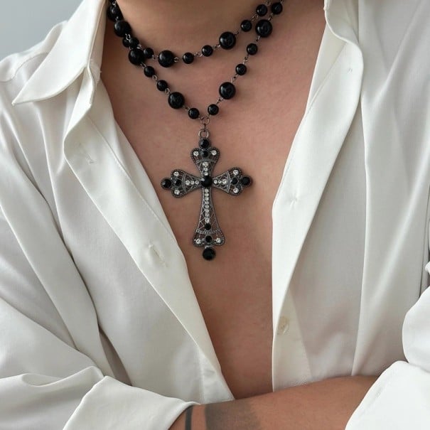 Gelaagde opvallende choker met dominante kruis Dameshalsketting Verstelbare ketting Moderne opvallende sieraden zwart