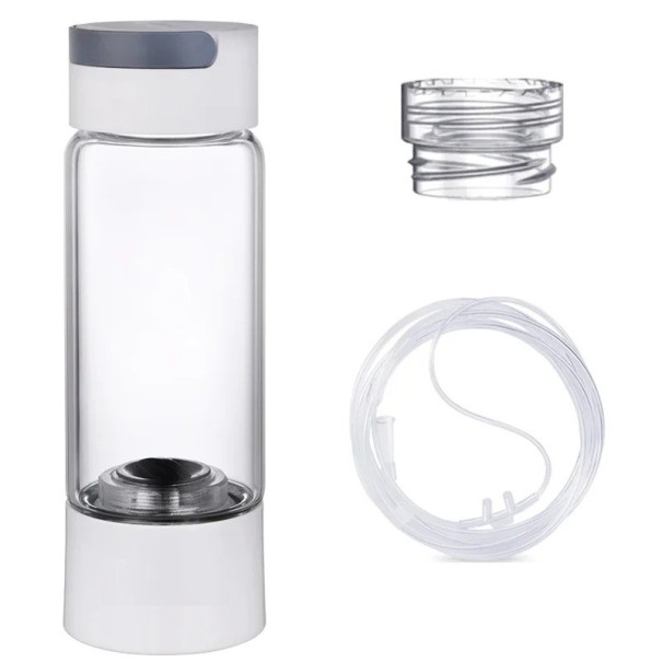 Générateur d'eau hydrogénée 380 ml Bouteille en verre avec alimentation USB Haute teneur en hydrogène 21 x 7 cm Eau bénéfique pour la santé blanc