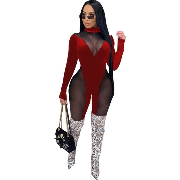 Gennemsigtig damejumpsuit med lange ærmer vinrød XL
