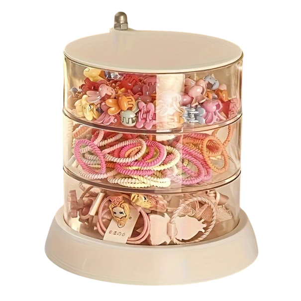 Gennemsigtig plastisk roterende organizer til smykker og elastikker 13 × 13,6 cm 3-etagers bordboks til clips, ringe og småting 1