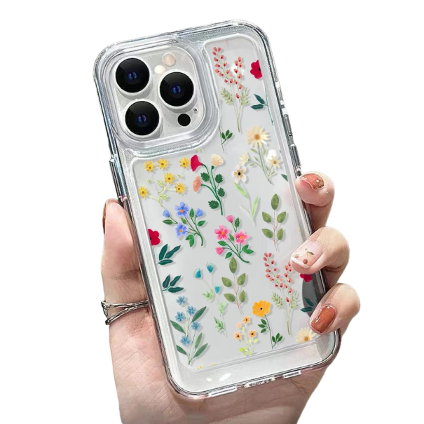 Gennemsigtigt beskyttelsesetui til iPhone 15 Plus, farverige engblomster 1