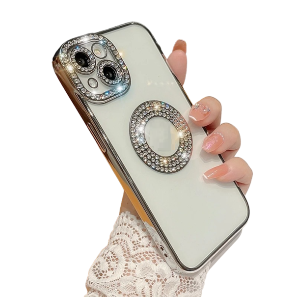 Gennemsigtigt cover med diamanter til iPhone 15 Pro Max sølv