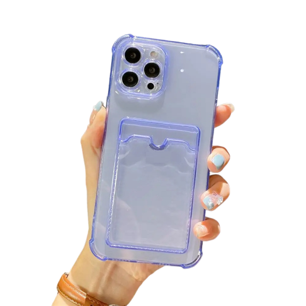 Gennemsigtigt cover med kortlomme til iPhone 15 Pro lilla