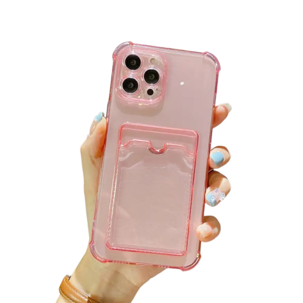 Gennemsigtigt cover med kortlomme til iPhone 15 Pro Max rosa